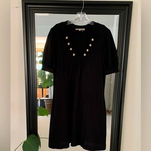 SEE BY CHLOE Black V-Neck Short Sleeve Dress With Gold Button Accents
